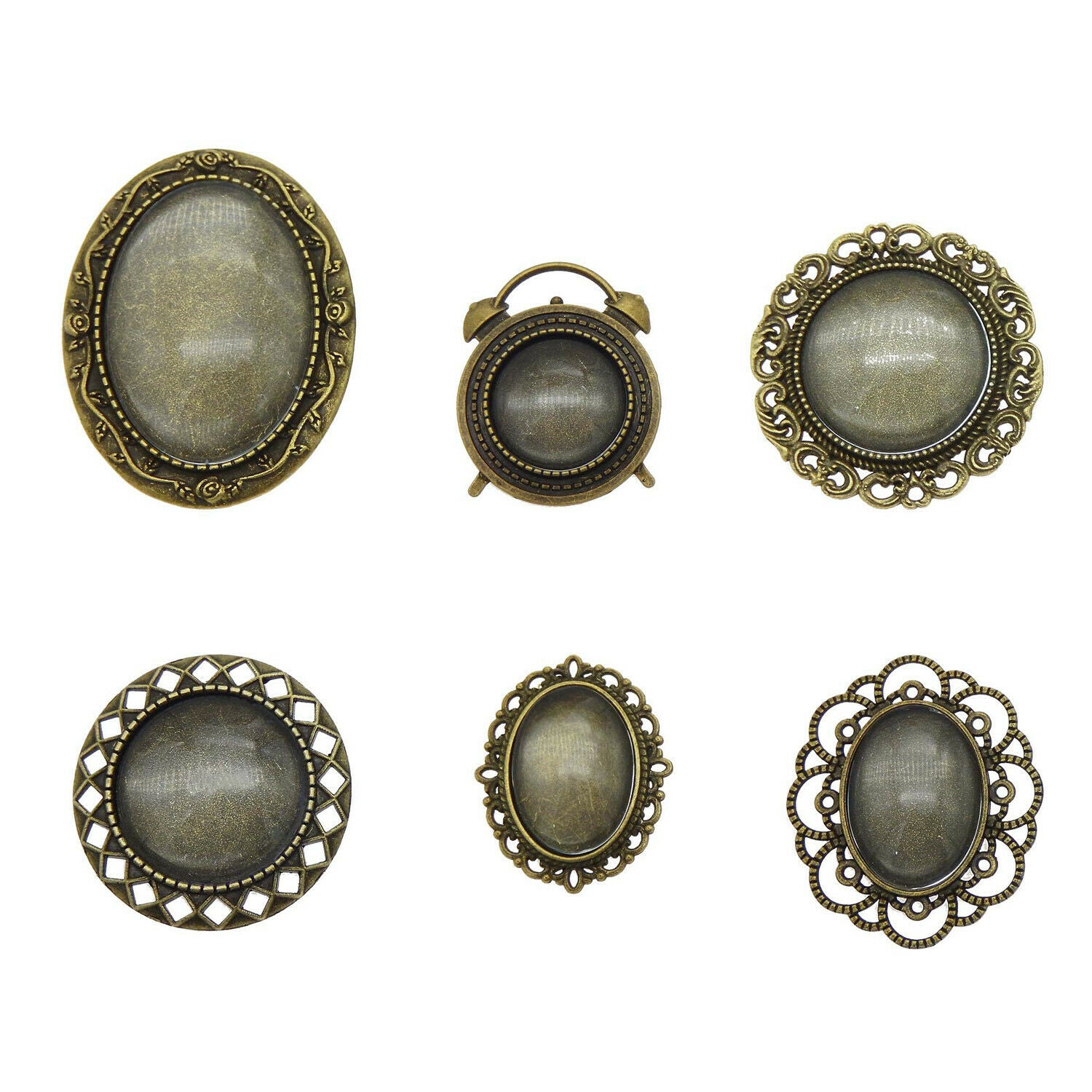6 sets Mix Antiqued Bronze Pin Brooches Bezel Base Settings with Glass Cabochons