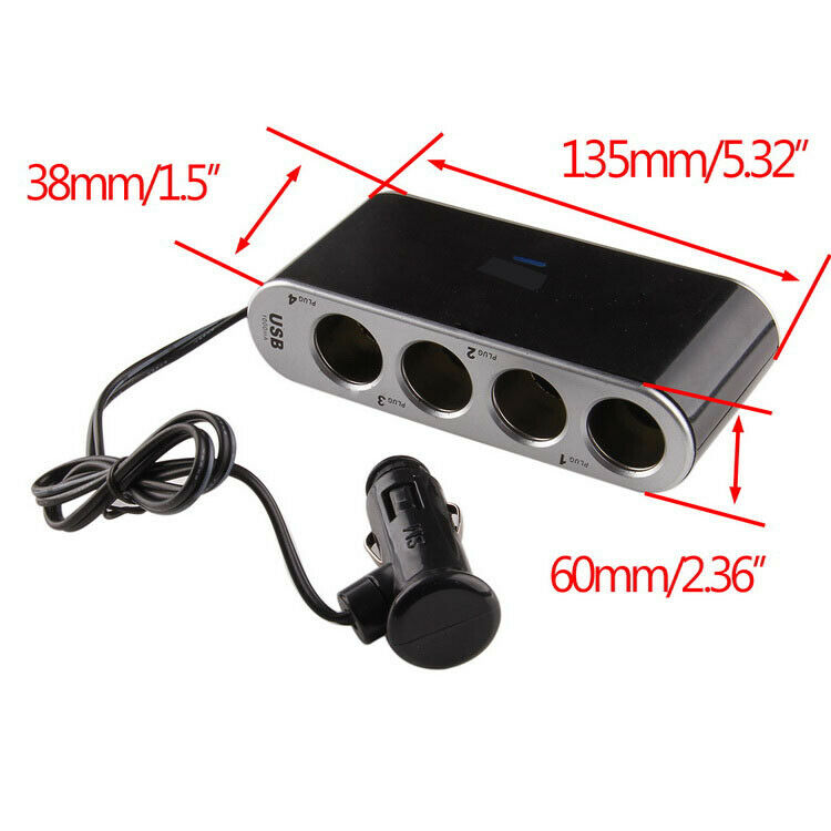 Black 4Way Sockets Cigarette Lighter USB Charger Splitter 12V Power Adapter Car