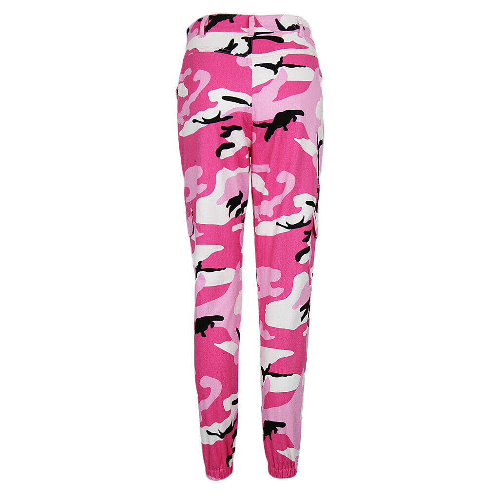 Women Camo Cargo Pants Jogger Casual Trousers Ankle Band BUD Pants Pink S