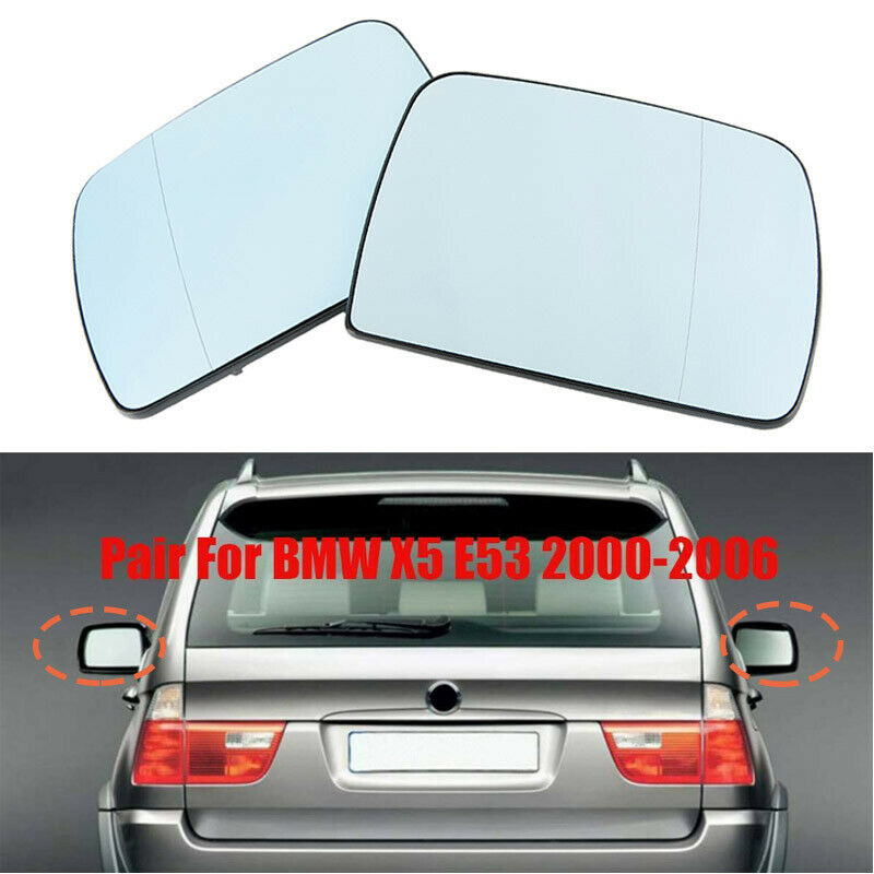 2PCS Door Side Wing Mirror Glass W/ Heated Blue For BMW X5 E53 2000-2006