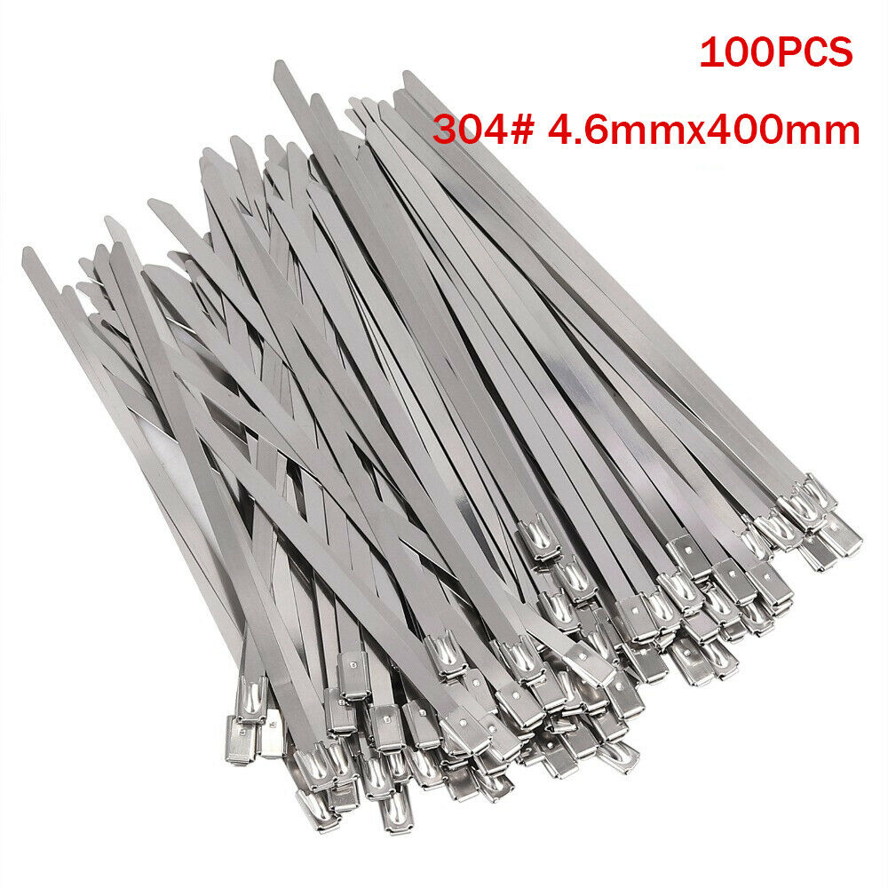 100pcs 4.6mm Stainless Steel Metal Cable Ties Exhaust Heat Zip Wrap 400mm Length