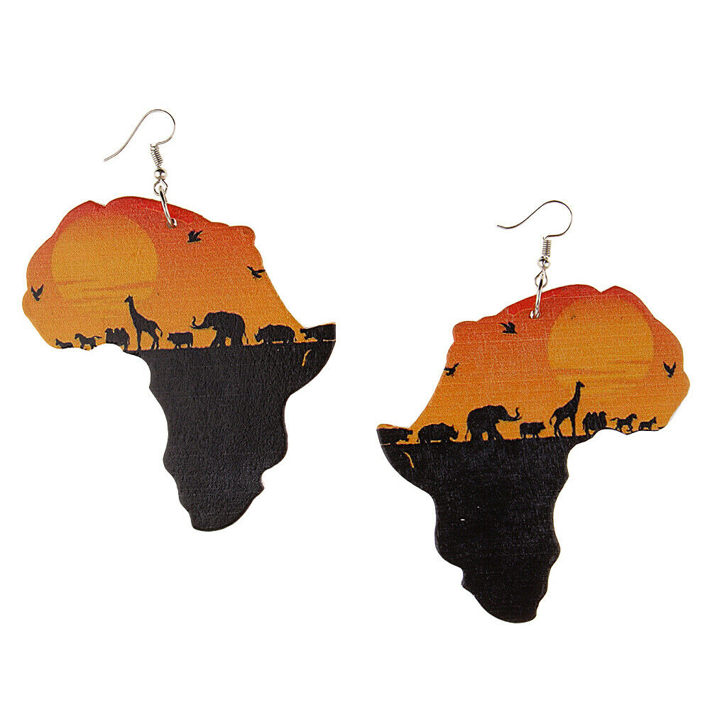 Ethnic Natural wooden African Map Tribal Club Women Dangle Earrings 3Pairs