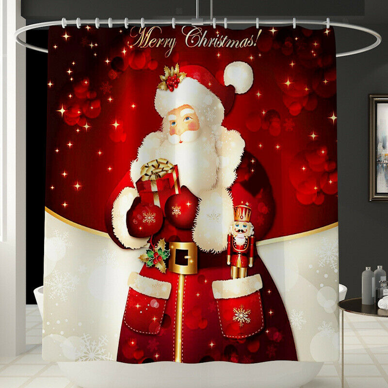 Christmas Bath Shower Curtain Hooks Included for Bathroom Xmas 180x180cm D