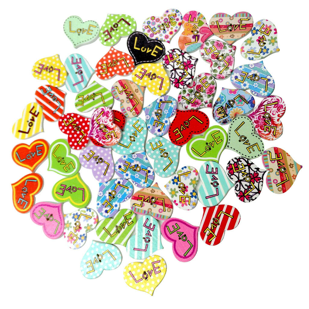 50x Love Heart Shape Flatback Wooden Buttons Scrapbooking Embellishment 25mm
