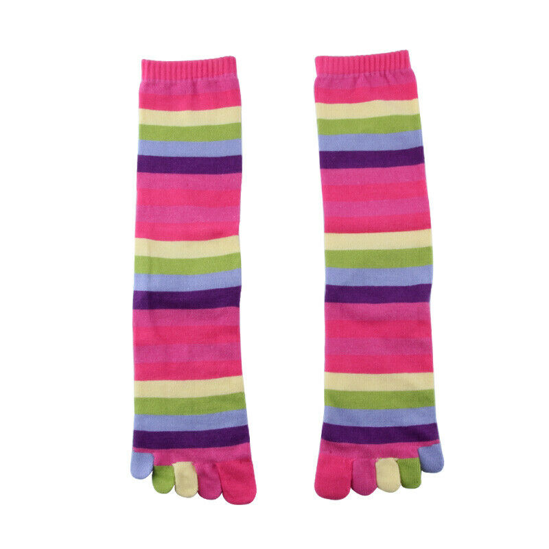 Womens Toe Socks 3 Pairs Cotton Rainbow Stripe Knee High Five Finger Socks Ankle