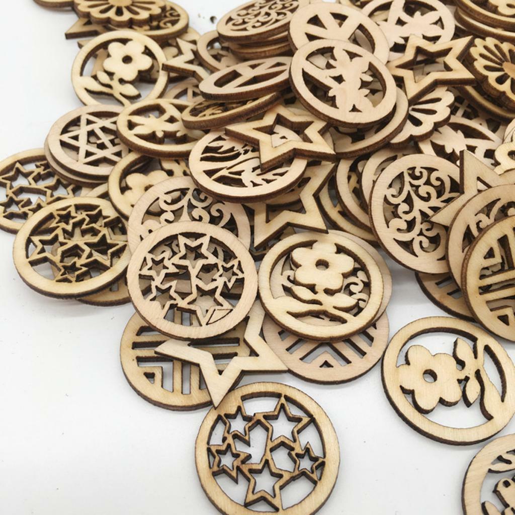 100pcs Mixed Wooden Round Cutouts Craft Embellishment Gift Tag Wood Ornament