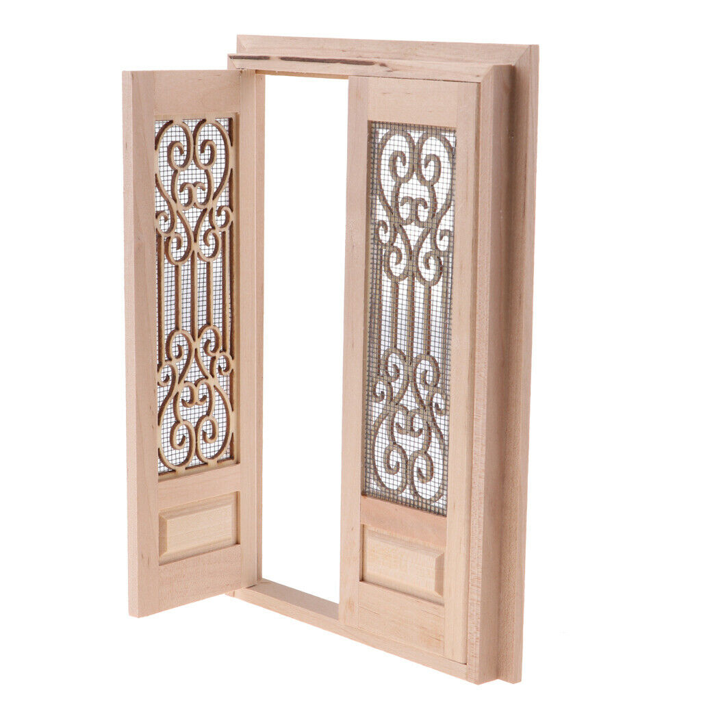 12th Mini DIY Unpainted Hollow Screen External Wooden Double Door Accs
