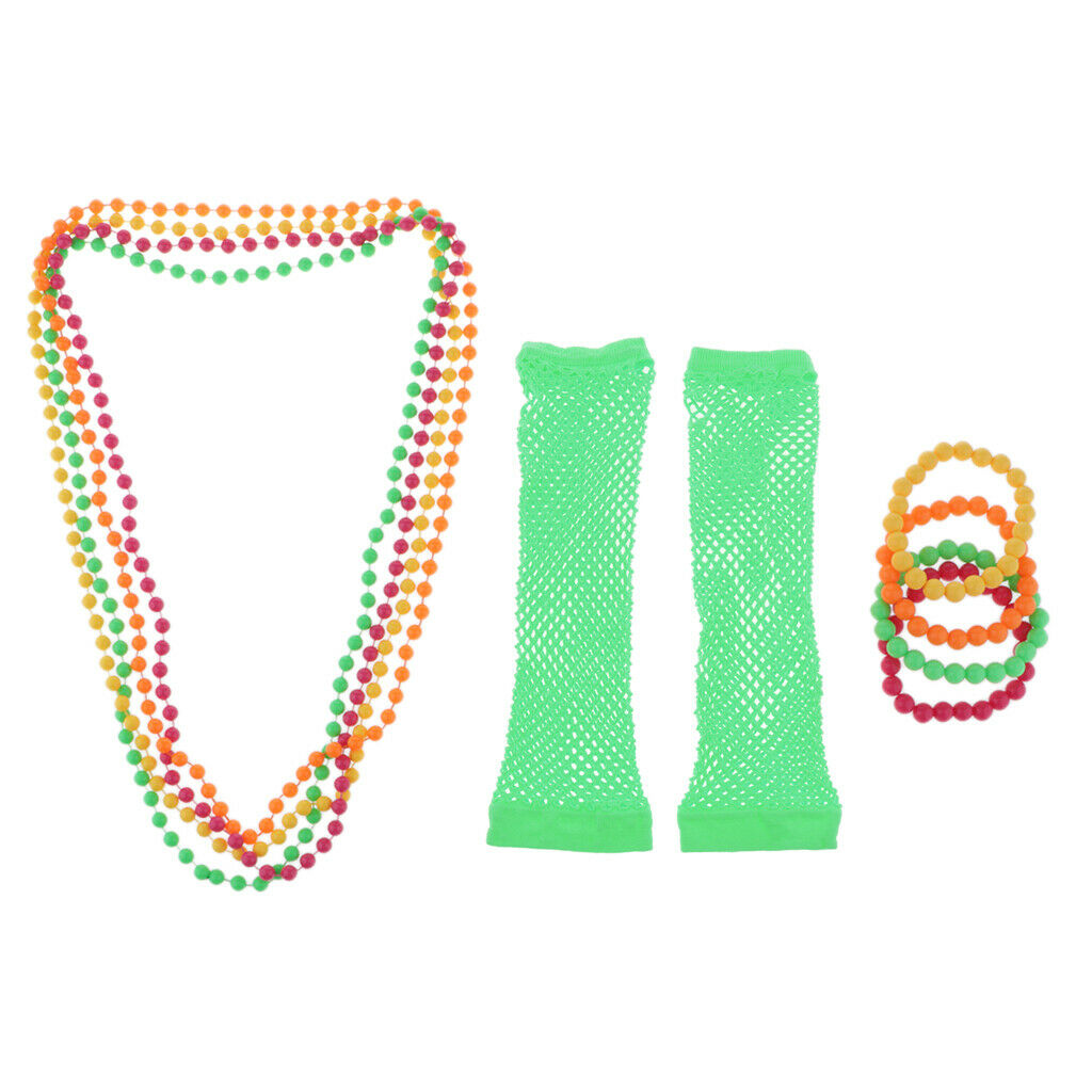 Set of 27 Womens 60s 70s 80s Punk Party Beads Necklace Bracelet Gloves Prop