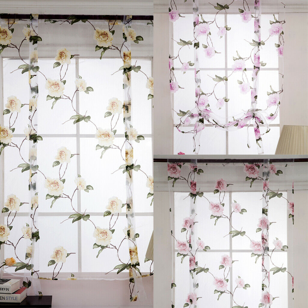 Flower Pattern Voile Window Tiers Kitchen Voile Sheer Half Curtain Drape