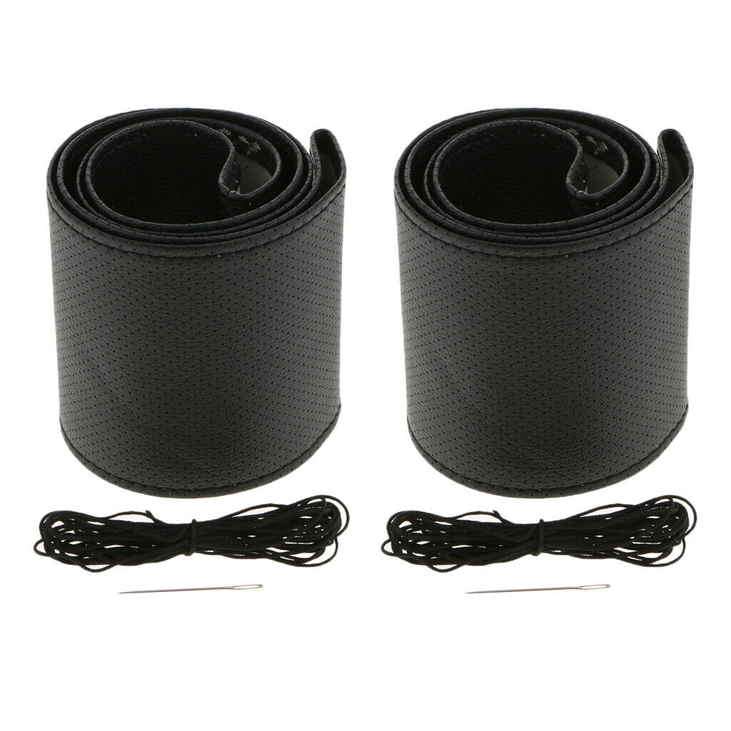 2x Car Truck PU Steering Wheel Cover W/ Needle and Black Thread Black DIY