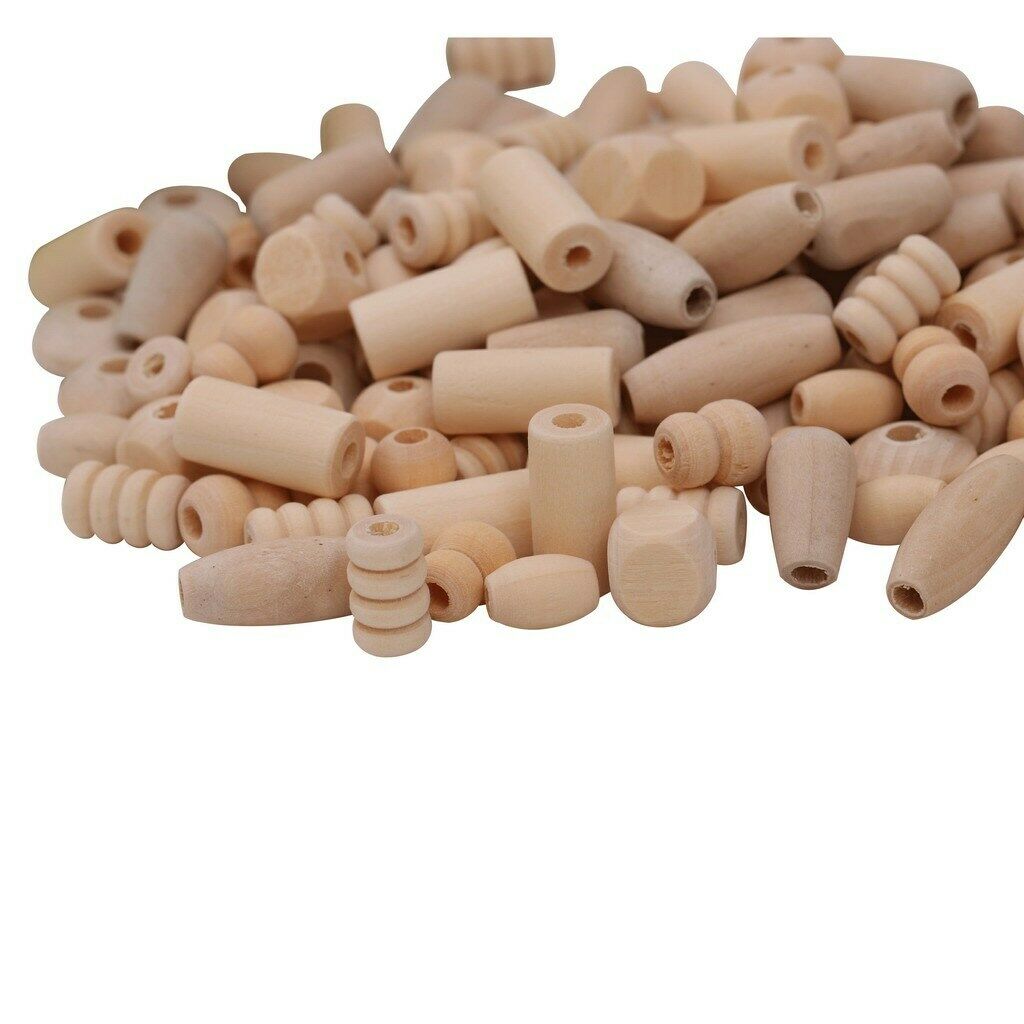 120pc Assorted Shapes Wooden Beads Plain Natural Wood Handmade Jewelry Craft