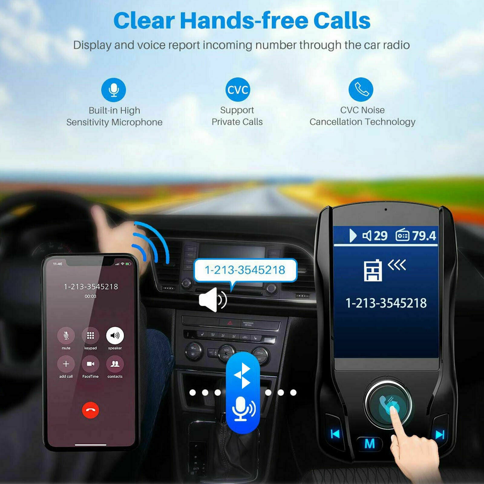 1.8 inch Car Bluetooth 5.0 FM Transmitter MP3 Wireless Adapter Dual USB Charger