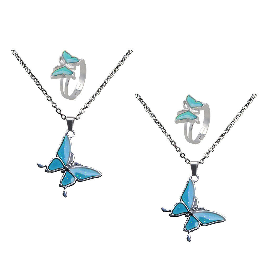 2 Pieces Color Change Mood Emotion Necklace Jewelry Set Ring Pendant Chain