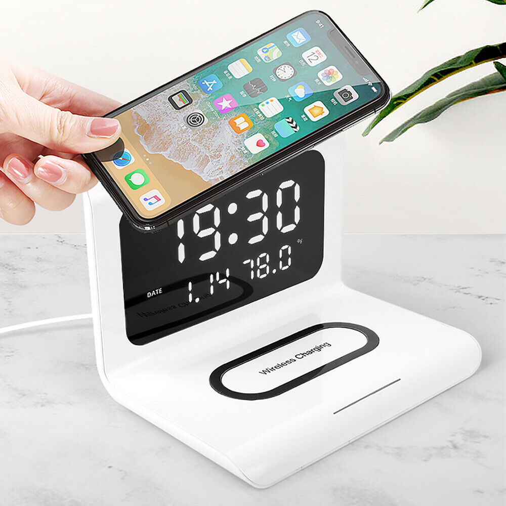 Multifunctional Alarm Clock Wireless Charger LED Display Digital Clock White