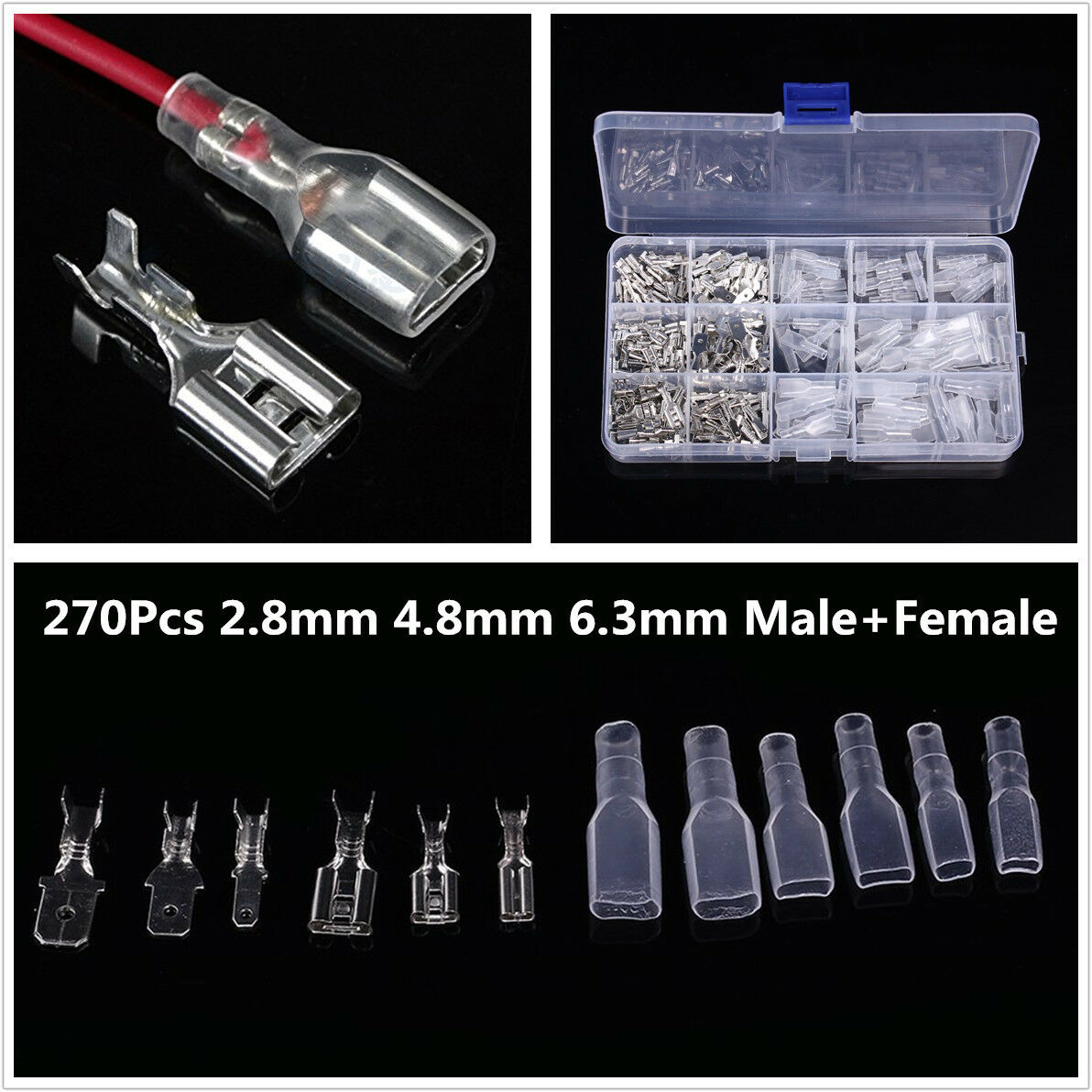 270x Male Female Spade Connector Wire Crimp Terminal 2.8mm 4.8m 6.3mm Assortment