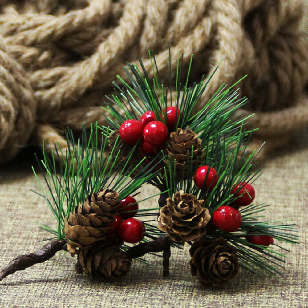 10pcs Christmas Red Berry And Pine Cone Picks Branches Floral Xmas Decorat  NEW