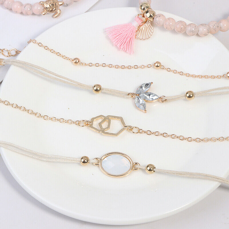 6Pcs/set Pink Bohemian Beads Bracelets Bangles Women Wrist Chain Bracelet.l8