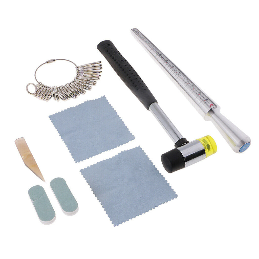 8Pcs US Rubber Hammer Ring Mandrel Sizer Ring Sizer Guage Jewelry Tools Kit
