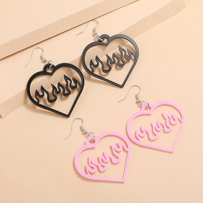 Black Pink Big Peach Heart Hollow Out Dangle Earrings Fashion Flame Ear J.l8