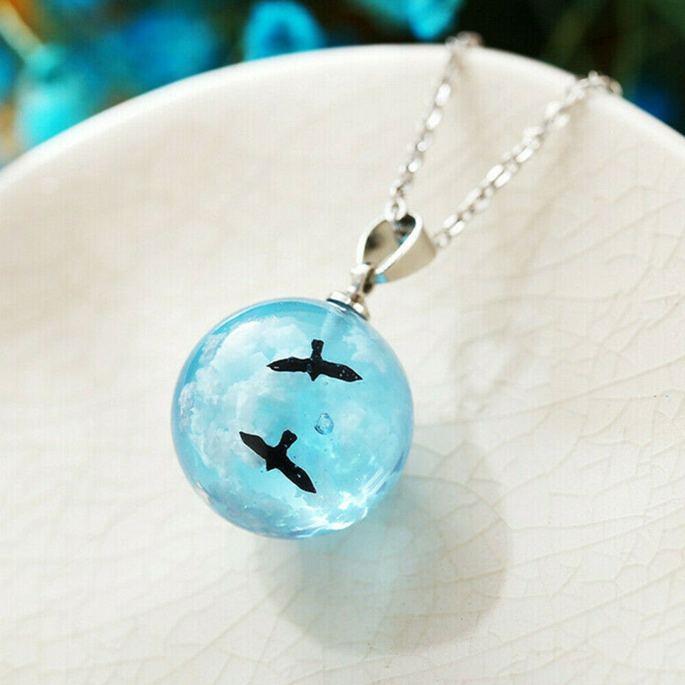 Charm White Clouds Blue Sky Birds Glass Ball Pendant Necklace Terrarium 2.8cm