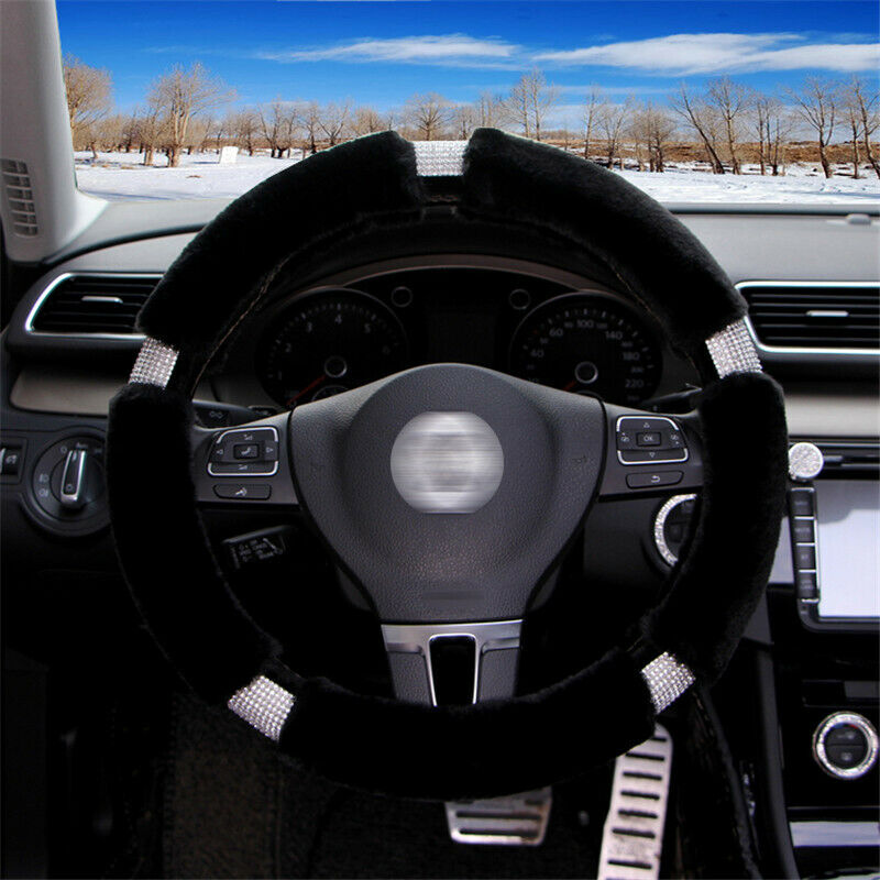 Black 38CM Car SUV Steering Wheel Cover Winter Fur Wool Furry Fluffy Thick Warm