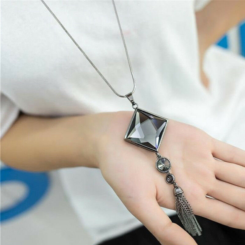 New Pendant Necklace Square Big Drop Crystal Long Chain Sweater Tassel For Women