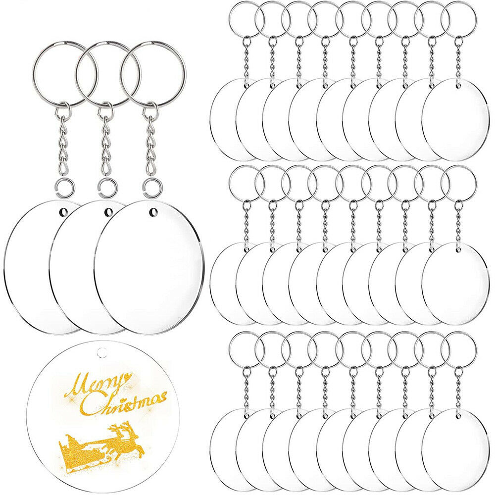 30X 2'' Round Acrylic Keychain Blanks + Metal Split Key Chain Circle Rings Xmas