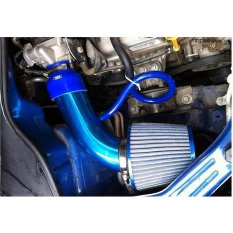 Car Aluminum Alloy Air Intake Kit Pipe 3"+Cold Air Intake Filter+Clamp Blue