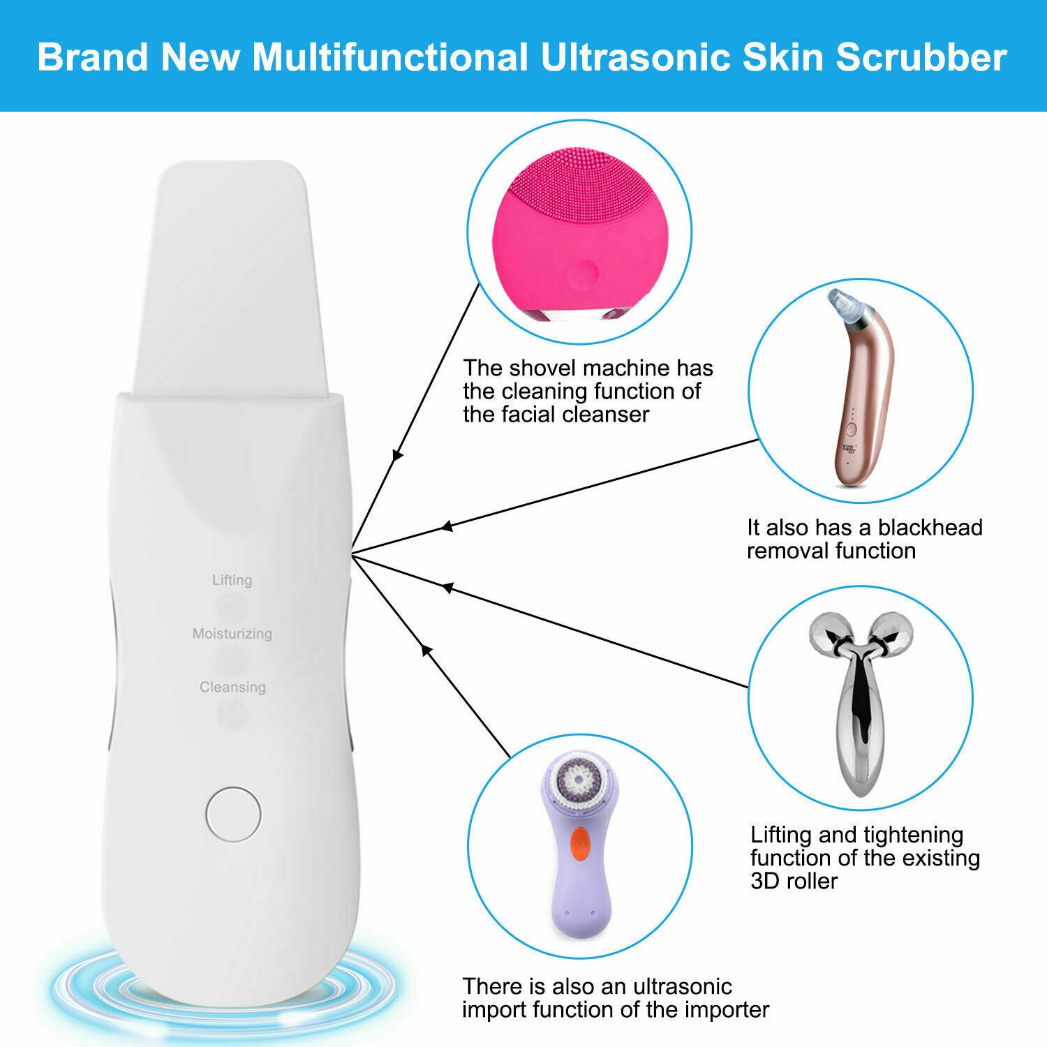 Ultrasonic Facial Skin Scrubber Spatula Face Extractor Peeling Deep Cleaner Tool
