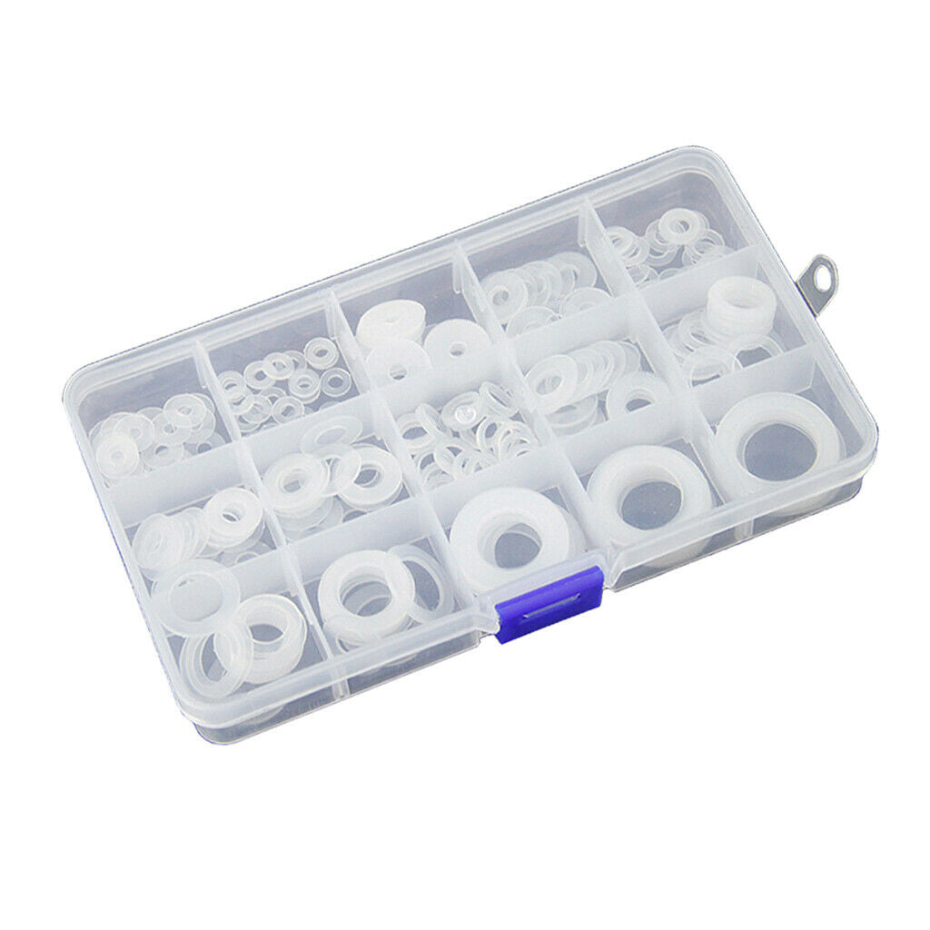 250Pcs White Nylon Washer Flat Washer Gasket Ring Seals Kit w/ Storage Box
