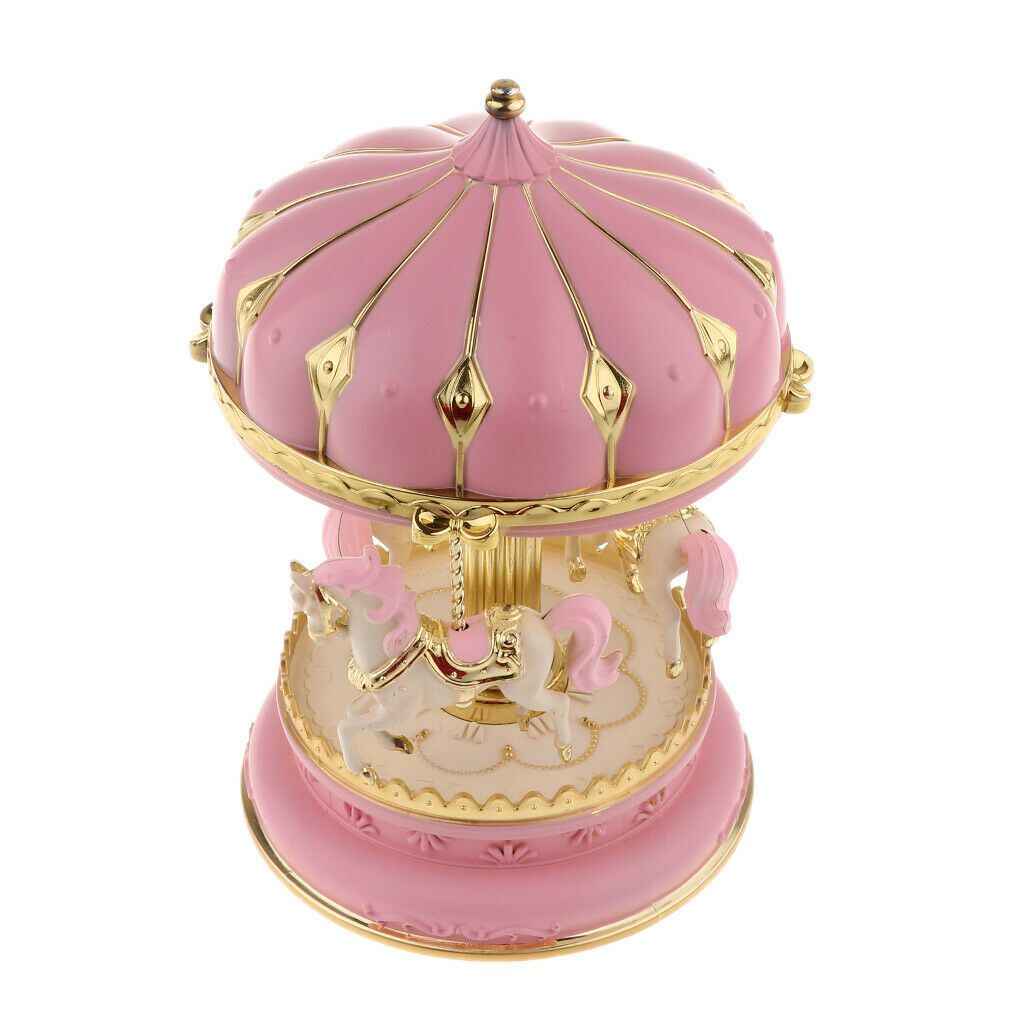 Carousel Music Box Spinning Horses Romantic Wedding Birthday Xmas Gift Pink