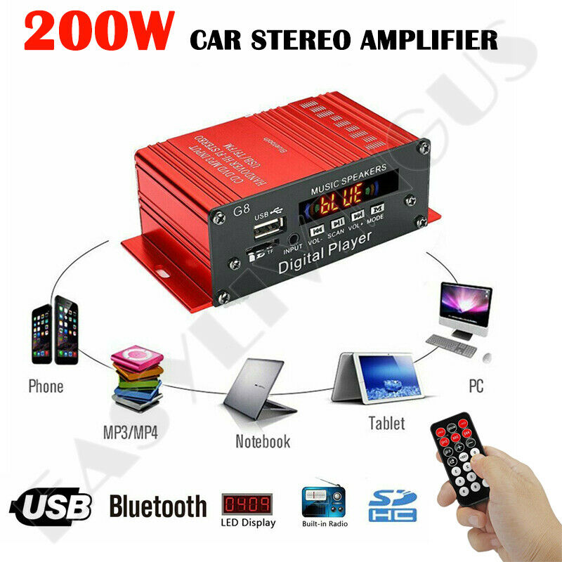 200W Stereo Power Amplifier HIFI Digital Bluetooth Audio AMP AUX FM Mic + Remote