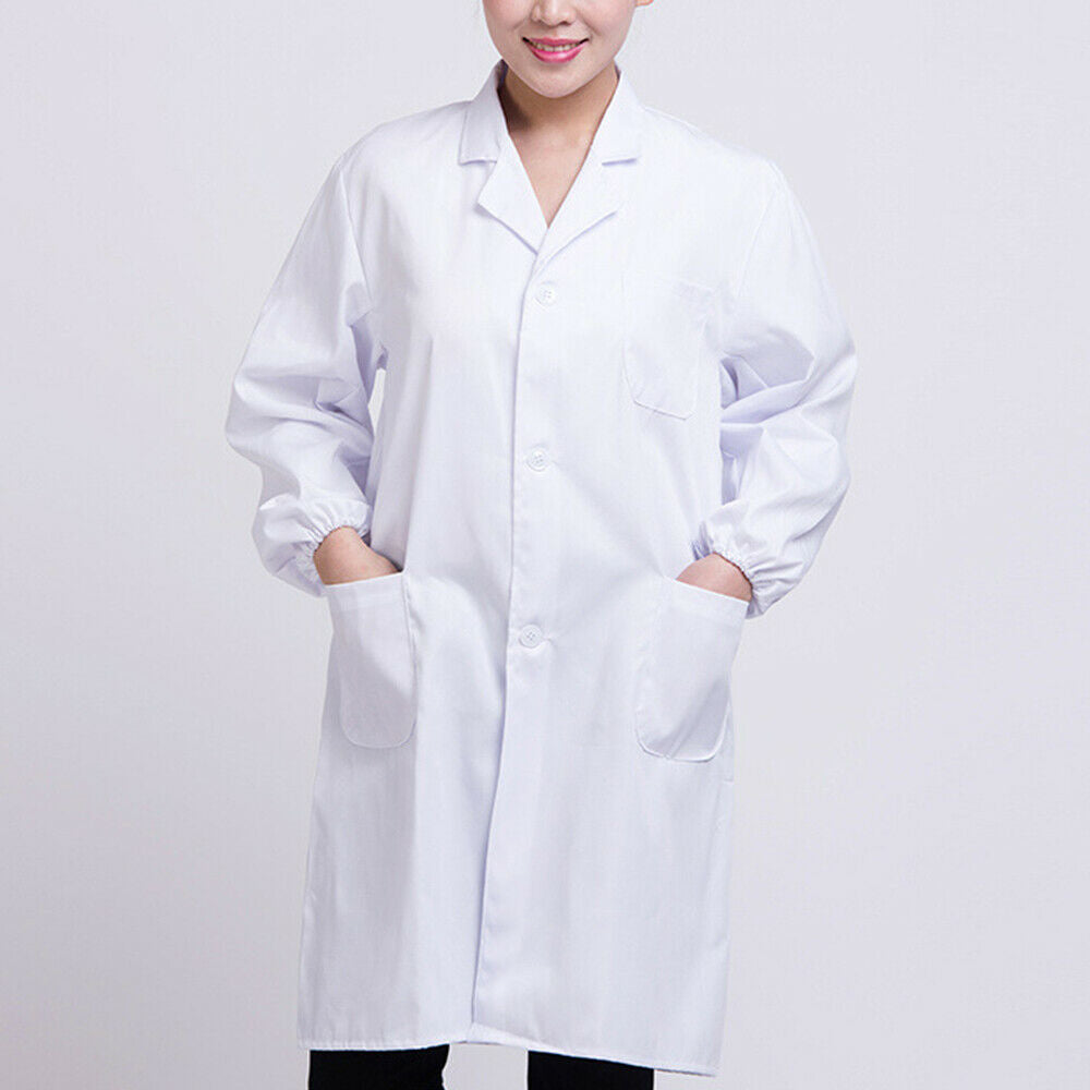 Womens Mens White Lab Coat Scrub Medical Doctors Lapel Collar Jacket Hospital