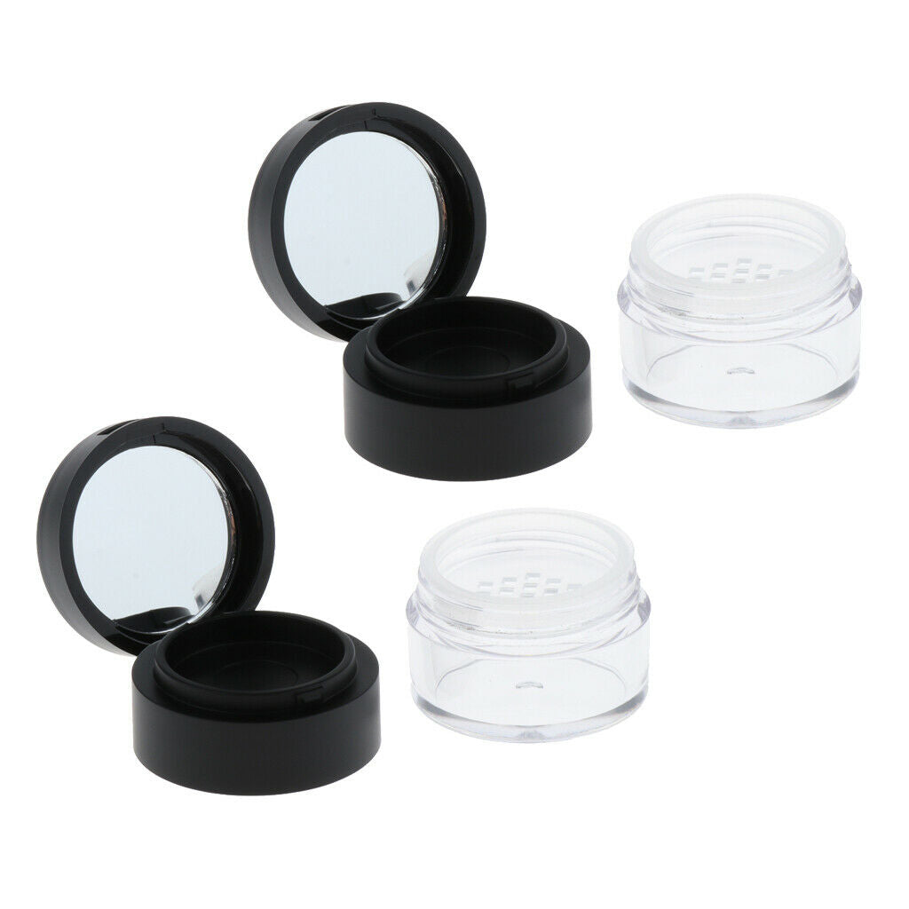 2x Empty Makeup Powder Case Travel Plastic Cosmetic Jar w/ Sifter&Mirror