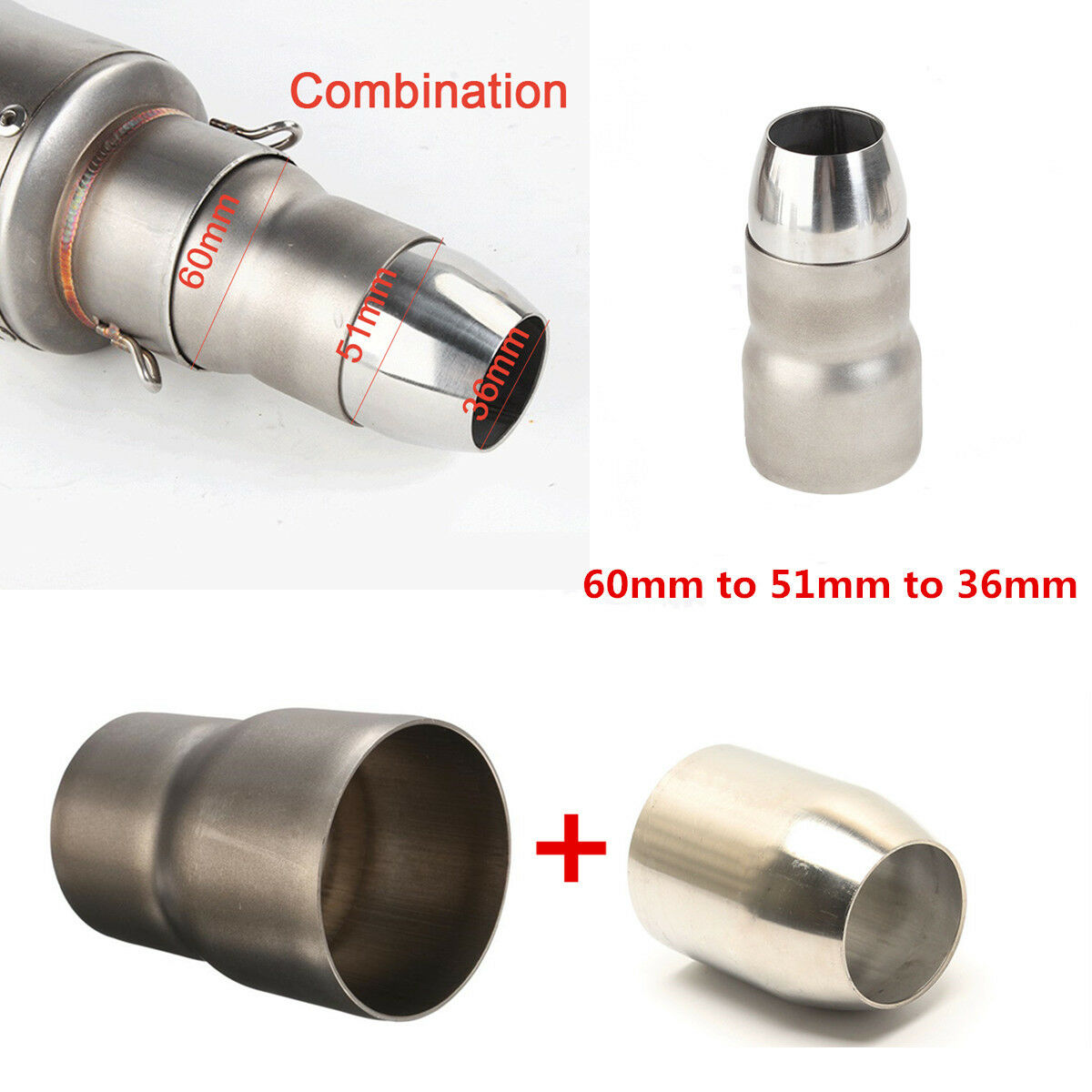 60mm-51-36mm Motorcycle Exhaust Pipe Reducer Connector Tube Welding Head Adapter