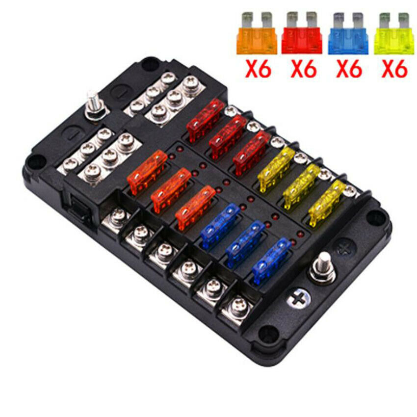 12 Way Auto Blade Fuse Holder Box Block w/ LED Indicator for 12V Car Marine