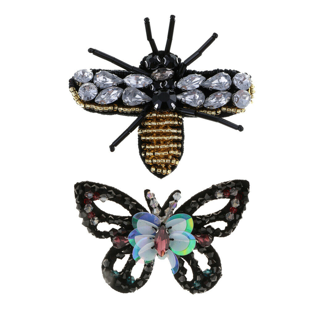 2x Rhinestone Butterfly Bee Beaded Embroidered Patch Sewing on Applique