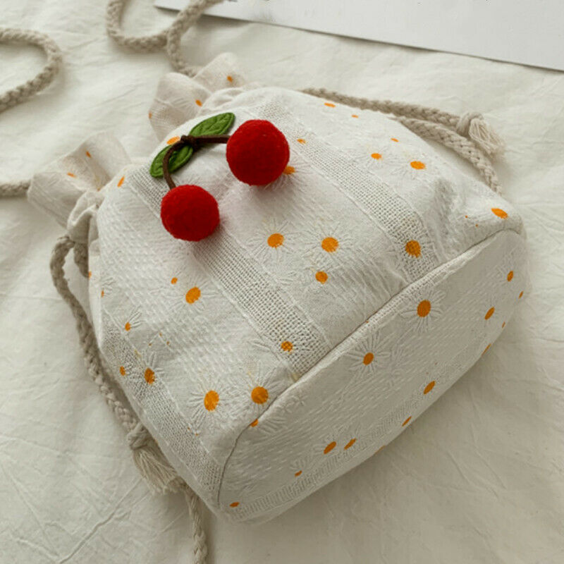 Girls Bucket Bag Canvas Floral Crossbody Handbag Drawstring Sack Cherry Ornament