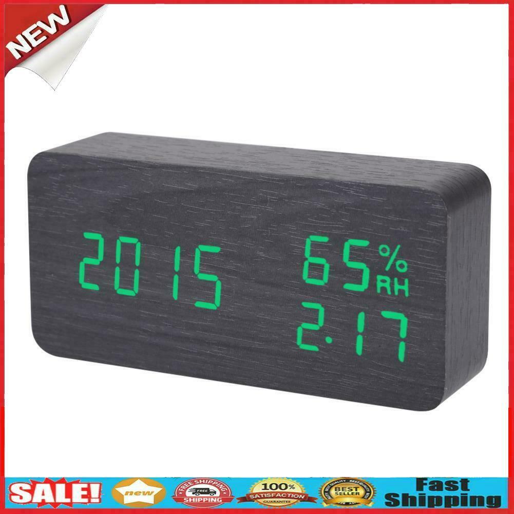 LED Wooden Alarm Clock Voice Control Digital Electronic Desktop Clock Decor @