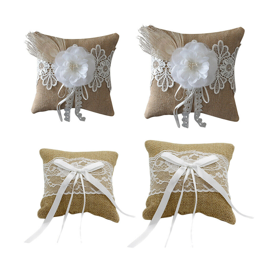 Wedding Ceremony Ring Pillow Cushion Linen Square Ring Bearer Bowknot 20cm