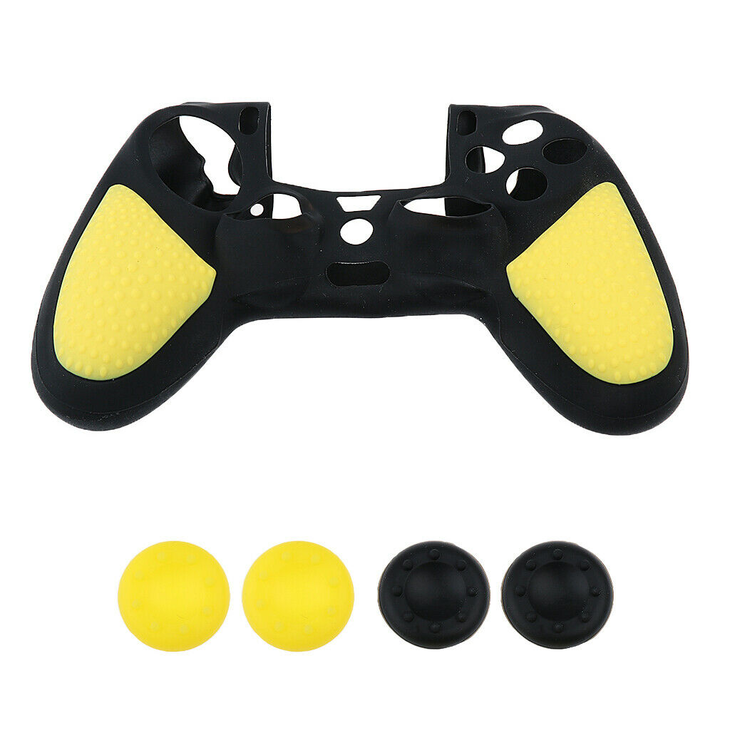 Silicone Cover Case Skin + 4Pieces Joystick Caps for PS4 Controller Yellow