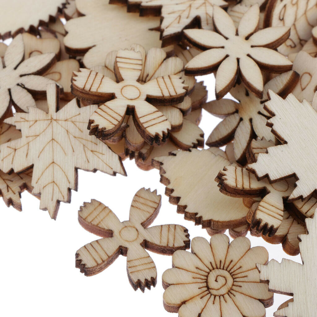 100Pcs Flower and Leaf Shapes Blank Wood Heart Embellishments Wood Birds Slices