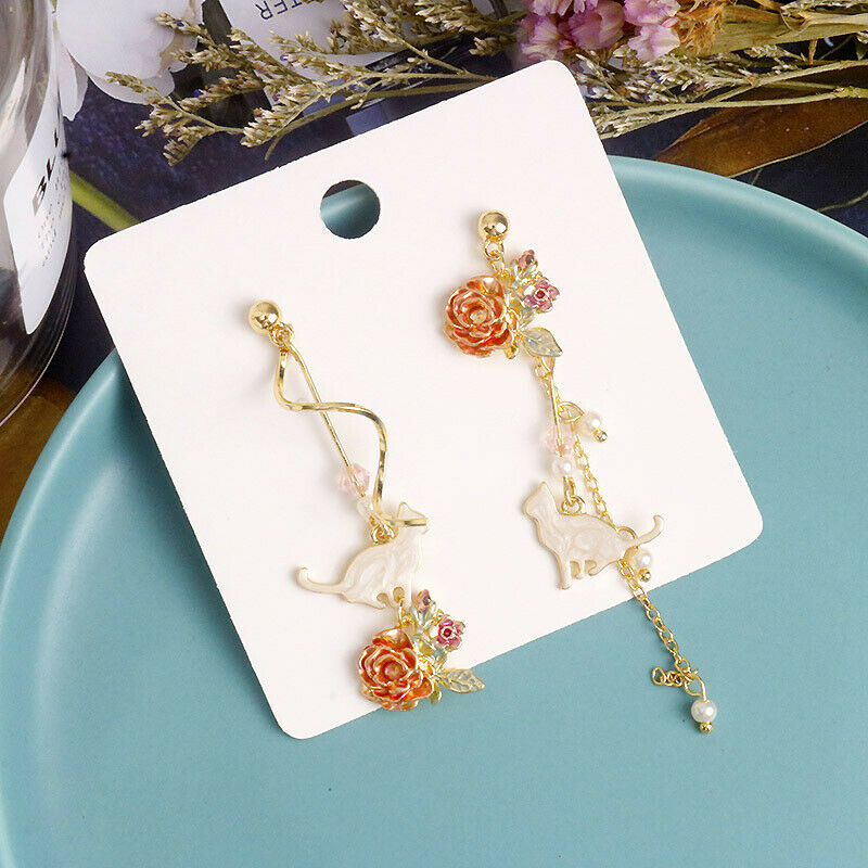 Sweet Cute Cat Flowers Leaves Pendant Flower Tassel Earrings Jewelry Earr.l8