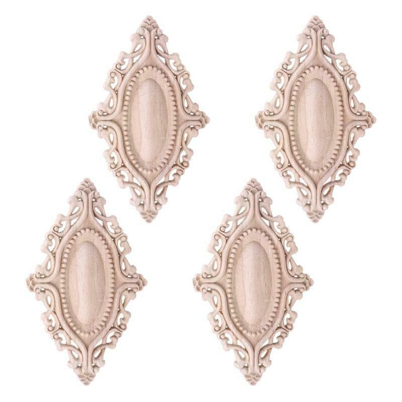 4pcs Wood Carved Onlay Applique Oval Carving Flower Unpainted Frame Furniture