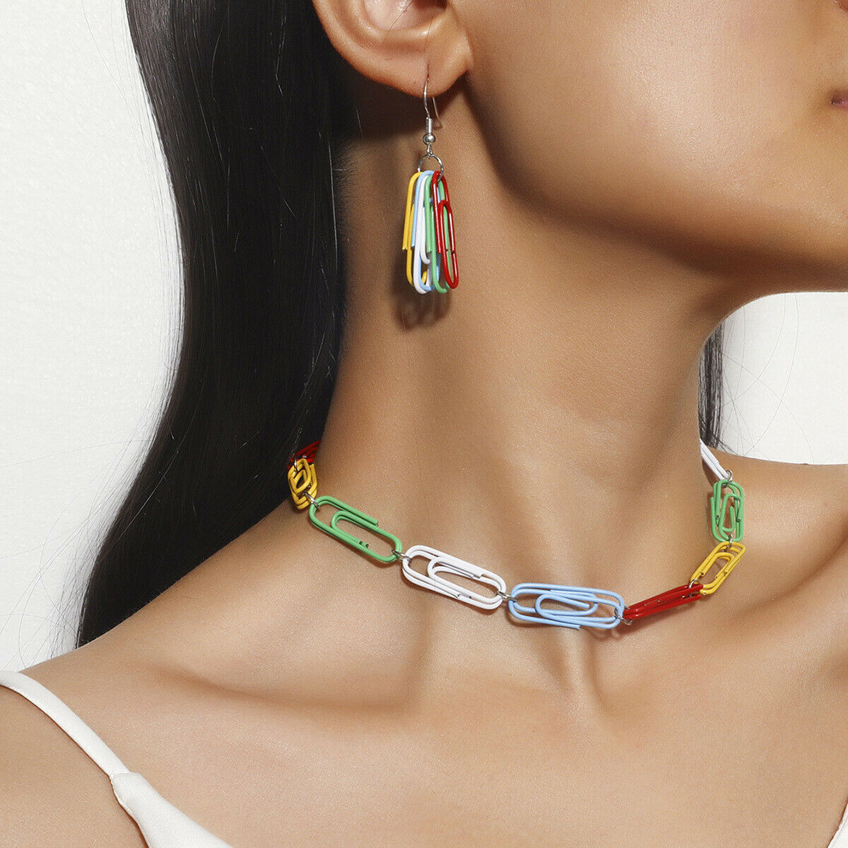 Punk Colorful Paper Clip Pendant Clavicle Chain Earring Alloy Suit Women Jewelry