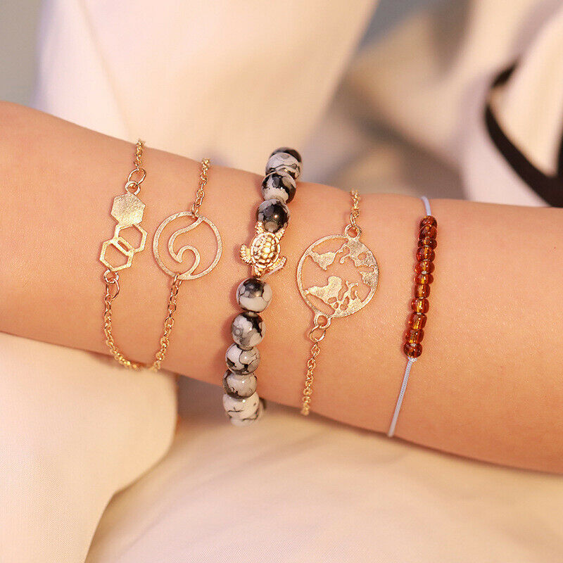5Pcs/set Bohemian Women Tassels Leaves Circular Chains Bangle Jewel.l8