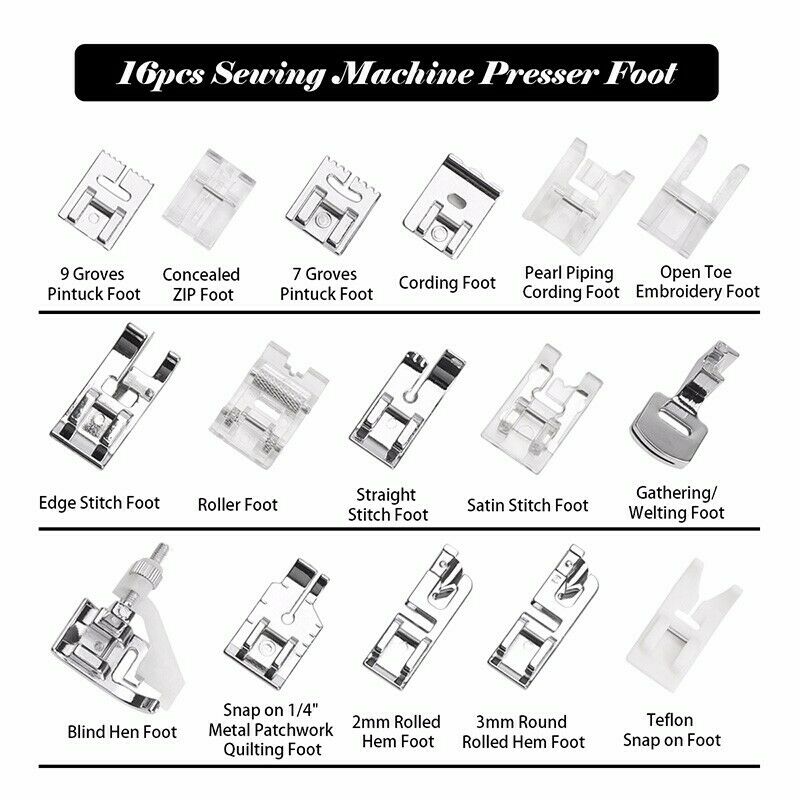 16Pcs Domestic Sewing Machine Accessories Presser Foot Feet Kit Set Hem FootBDA