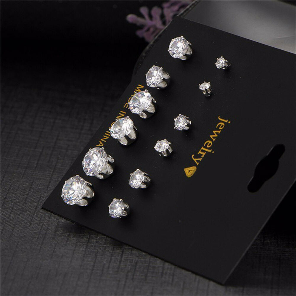 Set of 6 pair Women Crystal Rhinestone Ear Stud Earrings Men Earring Set Jewelry