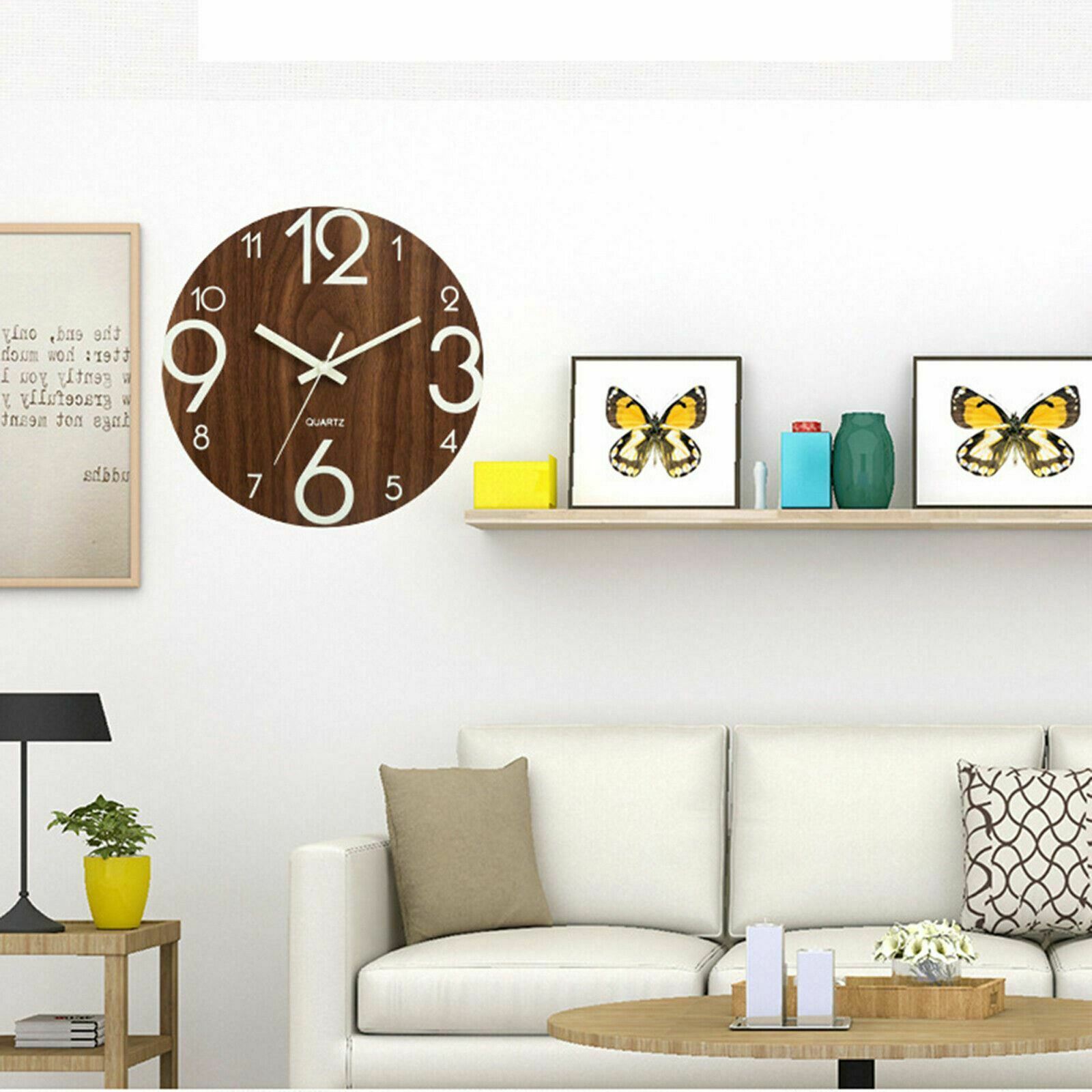 12" Luminous Silent Non Ticking Wooden Glow In Dark Home Decor Quartz Wall Clock
