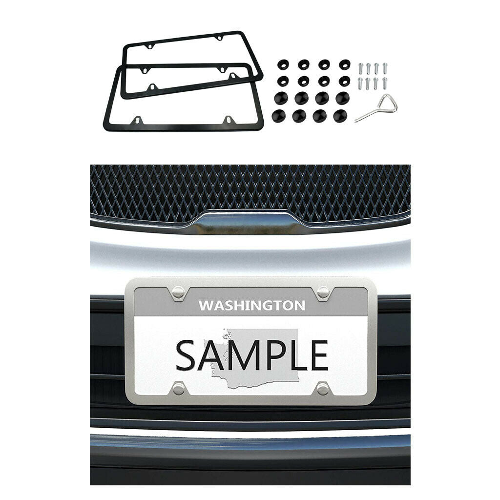 2 Pieces Metal License Plate Frames 4 Holes w/ Screws Caps For Front & Rear